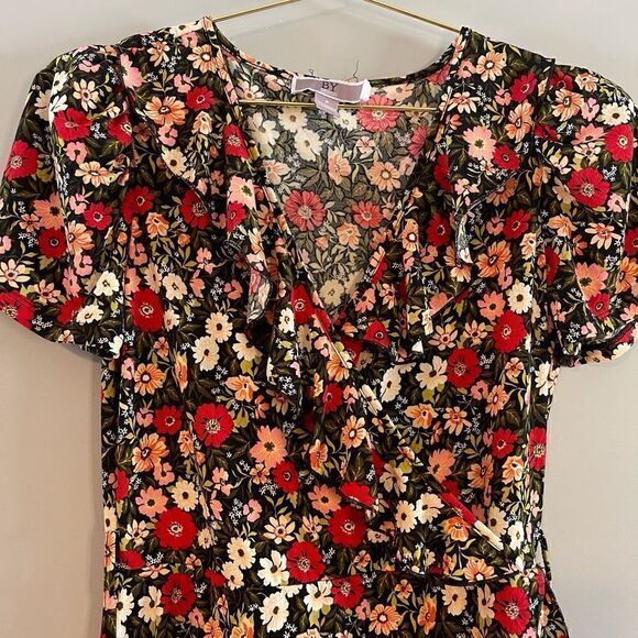 VTG By Design Red/Pink/Black Floral Puff Sleeve Surplice Faux Wrap Midi Dress, M - Picture 8 of 13